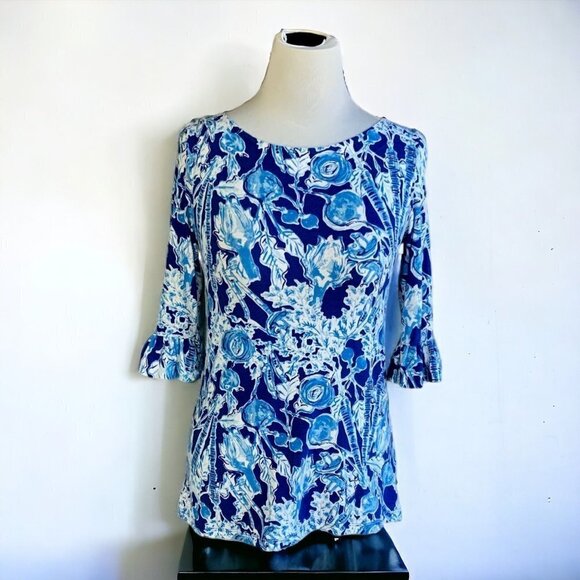LILLY PULITZER Tops - Lilly Pulitzer ladies blue white peplum keyhole pullover tunic top size XS